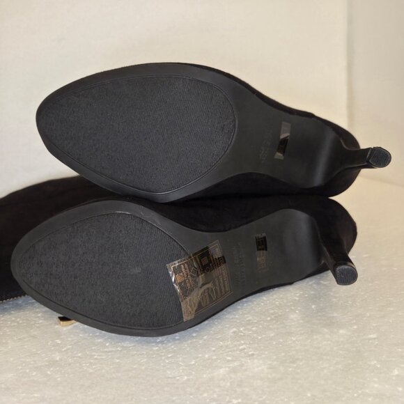 Forever 21 Women’s Black Faux Suede Knee High Stiletto Heel Gold Zip Boots - 9 - Picture 7 of 12